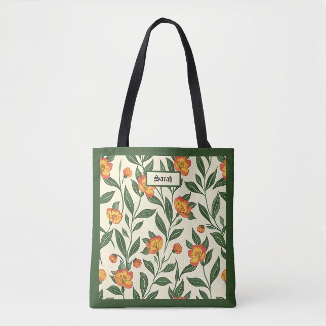 Elegant Stylish Cute Orange Botanical Floral Tote (Front)