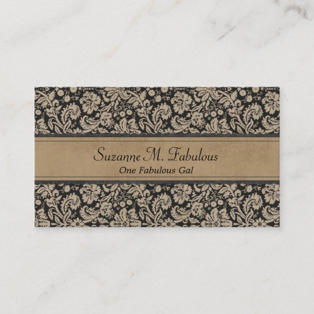 Elegant Stylish Damask in Dark Cream and Black Business Card (Front)