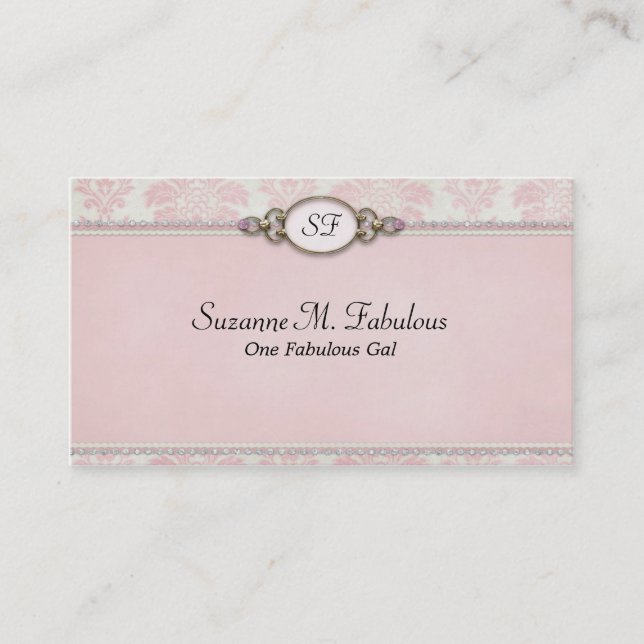 Elegant Stylish Damask in Pink Cream Business Card (Front)