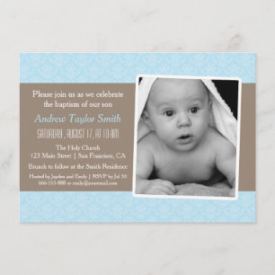 Elegant Stylish Damask Photo Baptism Invitations