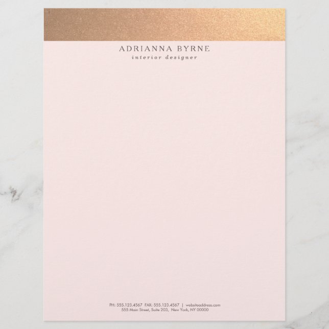 Elegant Stylish Faux Copper Gold Foil Pink Customized Letterhead (Front)