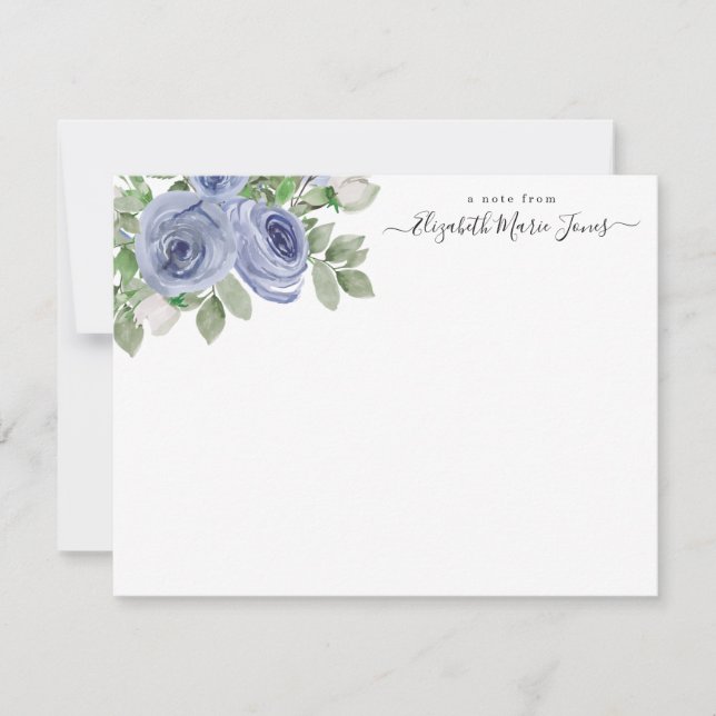 Elegant Stylish Floral Blue Watercolor Rose Script Card (Front)