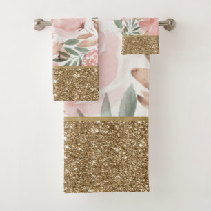 Elegant Stylish Floral Gold Glitter Shiny Bath Towel Set