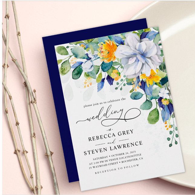 Elegant stylish floral yellow white blue wedding  invitation (Creator Uploaded)