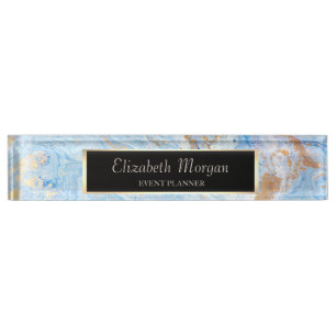 Elegant Stylish Geometric Blue Gold Marble, Frame Nameplate