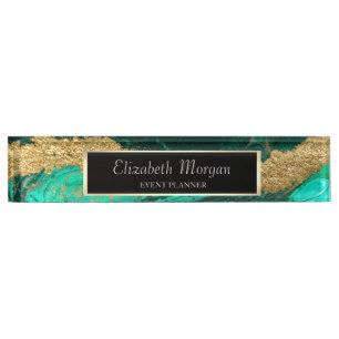 Elegant Stylish Geometric Green Gold Marble, Frame Nameplate