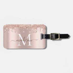 Elegant Stylish Girly Rose Gold Glitter Monogram Luggage Tag