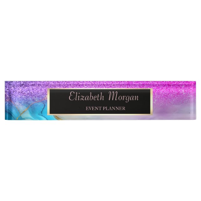 Elegant Stylish Glitter Bokeh,Violet Marble, Frame Nameplate (Front)