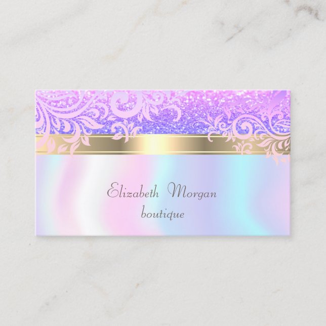 Elegant Stylish Glittery Gold Floral Holographic Business Card (Front)
