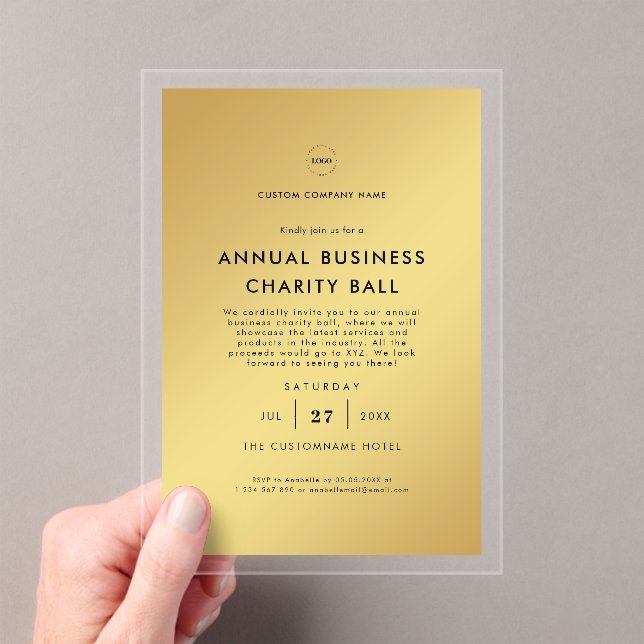 Elegant Stylish Gold Black Business Logo Party Acrylic Invitations (Insitu (Handheld))