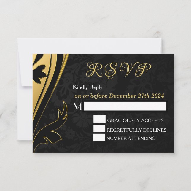 Elegant Stylish Gold Black Deco RSVP Personalise Card (Front)