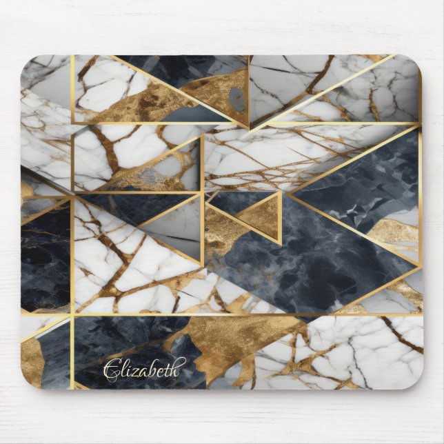Elegant Stylish Gold Black Marble Geometric Mouse Mat (Front)