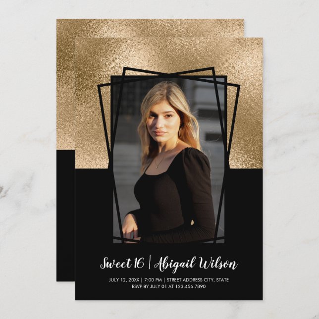 Elegant stylish gold black sweet sixteen birthday invitation (Front/Back)
