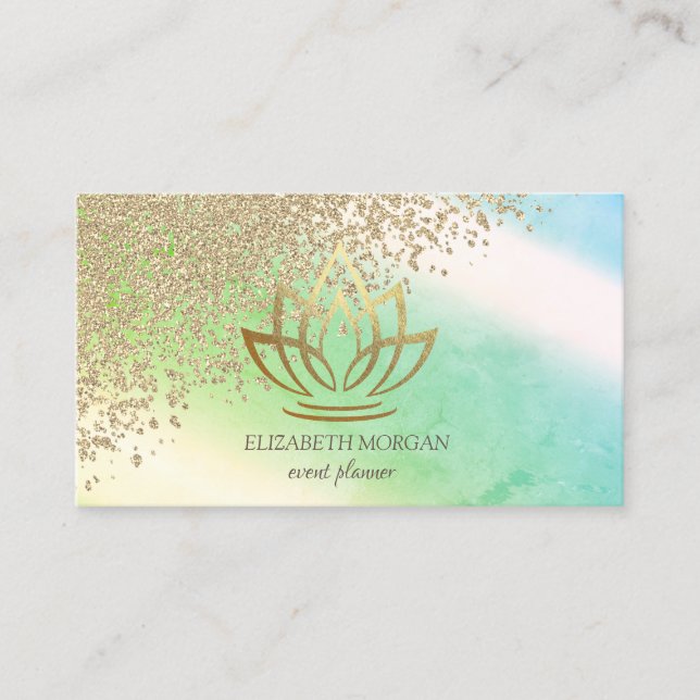 Elegant Stylish Gold Diamonds Lotus Ombre Green Business Card (Front)
