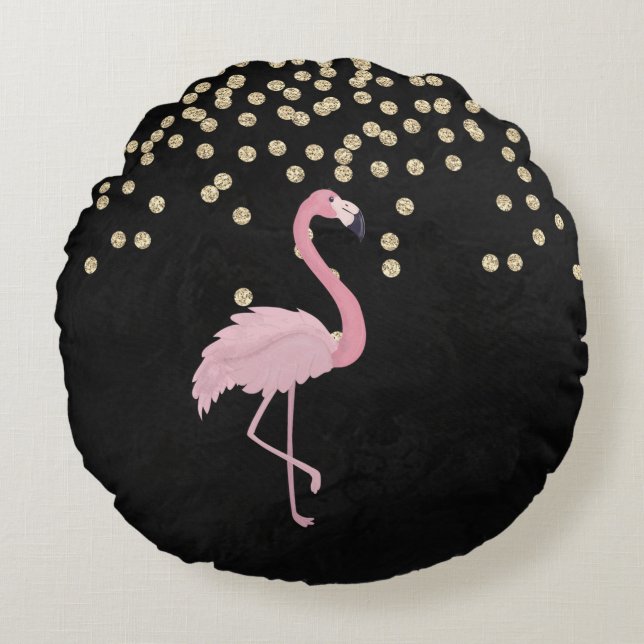 Elegant Stylish Gold Diamonds Pink Flamingos Round Cushion (Front)