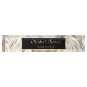 Elegant Stylish Gold Frame,White Brown Marble Nameplate