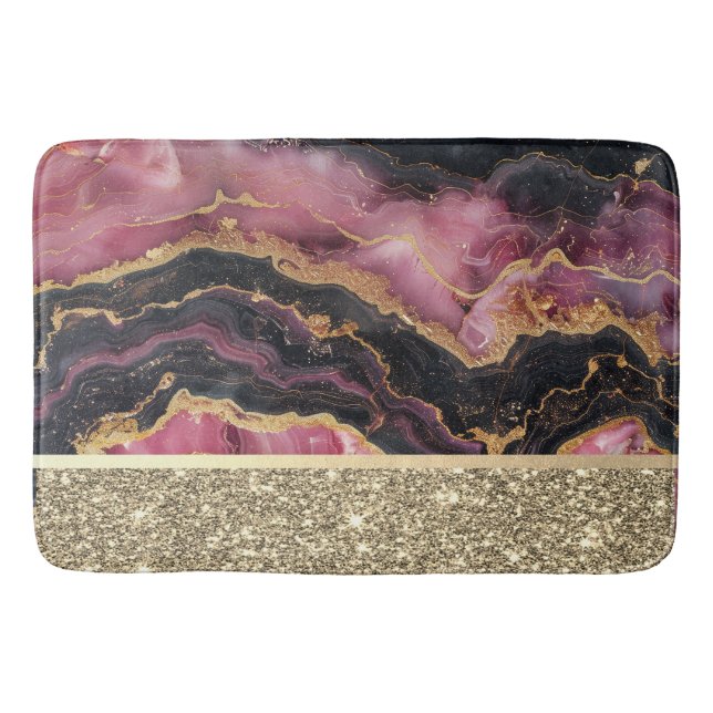 Elegant Stylish Gold Glitter Black Burgundy Marble Bath Mat (Front)