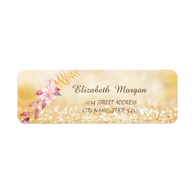 Elegant  Stylish,Gold Glitter Bokeh,Flower Address (Front)