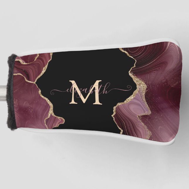 Elegant Stylish Gold Glitter Burgundy Agate  Golf Head Cover (Front)