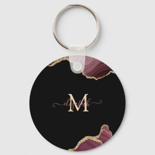 Elegant Stylish Gold Glitter Burgundy Agate Key Ring