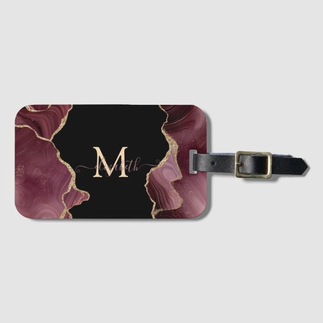 Elegant Stylish Gold Glitter Burgundy Agate Luggage Tag (Front Horizontal)