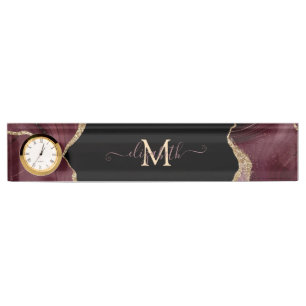 Elegant Stylish Gold Glitter Burgundy Agate Nameplate