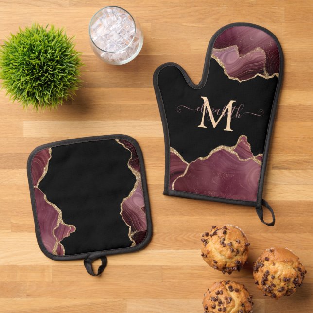 Elegant Stylish Gold Glitter Burgundy Agate   Oven Mitt & Pot Holder Set (Top Down)