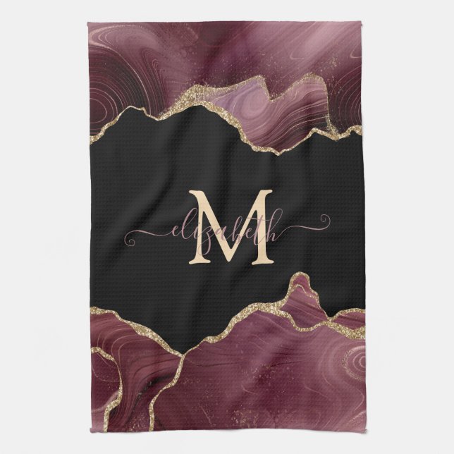 Elegant Stylish Gold Glitter Burgundy Agate  Tea Towel (Vertical)