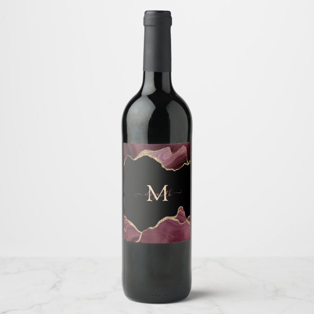 Elegant Stylish Gold Glitter Burgundy Agate  Wine Label (Front)