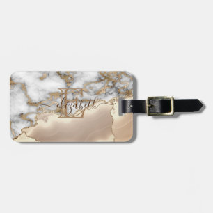 Elegant Stylish Gold Glitter Cream Marble Monogram Luggage Tag