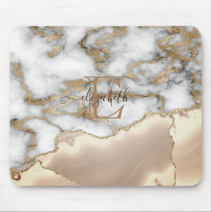 Elegant Stylish Gold Glitter Cream Marble Monogram Mouse Mat