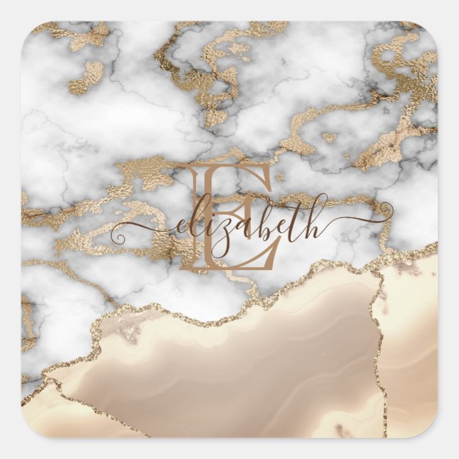 Elegant Stylish Gold Glitter Cream Marble Monogram Square Sticker (Front)