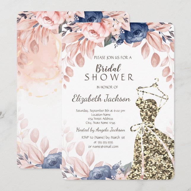 Elegant Stylish Gold Glitter Dress Blue Flowers Invitation (Front/Back)