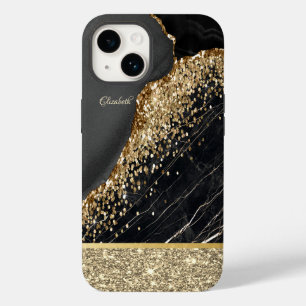 Elegant Stylish Gold Glitter Sequins Black Marble  Case-Mate iPhone 14 Case