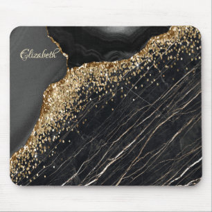 Elegant Stylish Gold Glitter Sequins Black Marble  Mouse Mat