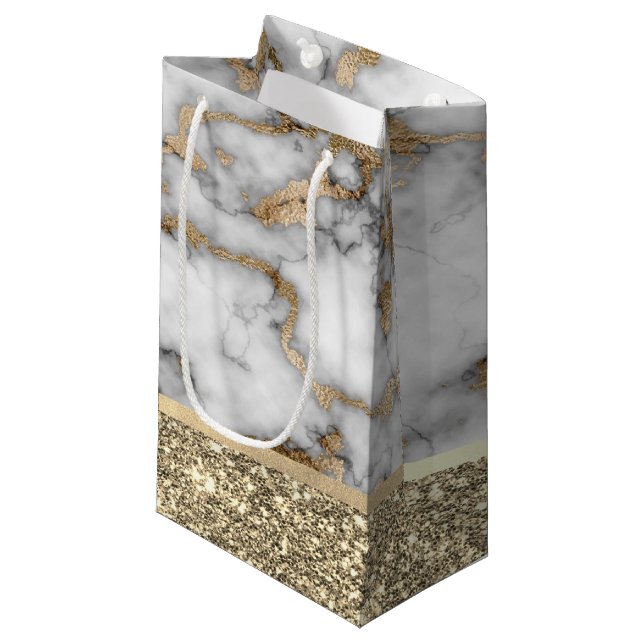 Elegant Stylish Gold Glitter Shiny White Marble  Small Gift Bag (Front Angled)