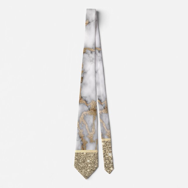 Elegant Stylish Gold Glitter Shiny White Marble  Tie (Front)