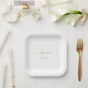 Elegant Stylish Gold Lettering Cheers Event Party Paper Plate