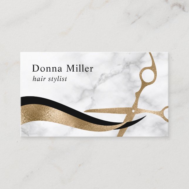 Elegant stylish gold marble scissors hairstylist business card (Front)