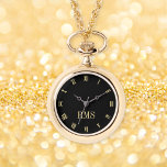 Elegant Stylish Gold Monogrammed Necklace Watch<br><div class="desc">Create your own custom, personalised, elegant stylish unique classy faux gold and black hours, monogrammed, womens, alloy case and chain, gold necklace watch. Simply type in your name / monogram / initials, to customise. Makes a great gift, for birthday, graduation, mothers day, christmas, holidays, wedding, marriage anniversary, valentines day, and...</div>