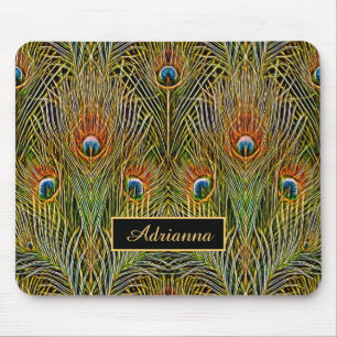 Elegant Stylish Gold Peacock Feathers With Name Mouse Mat