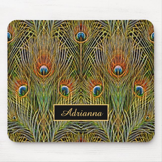 Elegant Stylish Gold Peacock Feathers With Name Mouse Mat (Front)