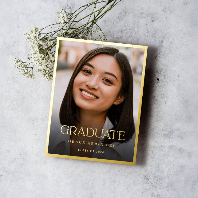 Elegant Stylish Gold Photo Graduation Party Foil Invitation Postcard (Creator Uploaded)