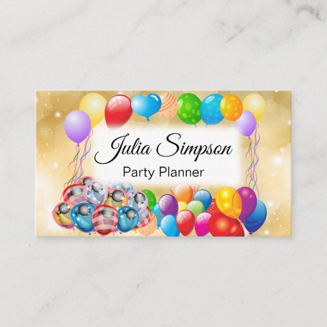 Elegant, Stylish, Gold, Shiny Colorful Balloons Business Card (Front)
