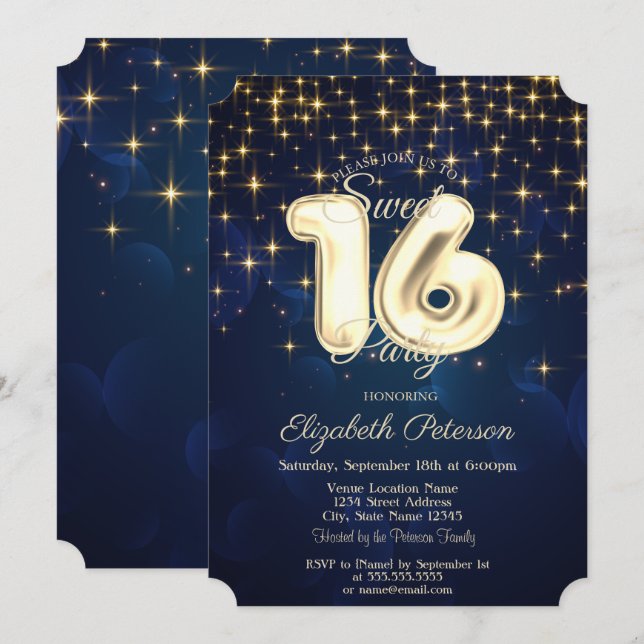 Elegant Stylish Gold Stars  Navy Blue Sweet 16 Invitation (Front/Back)