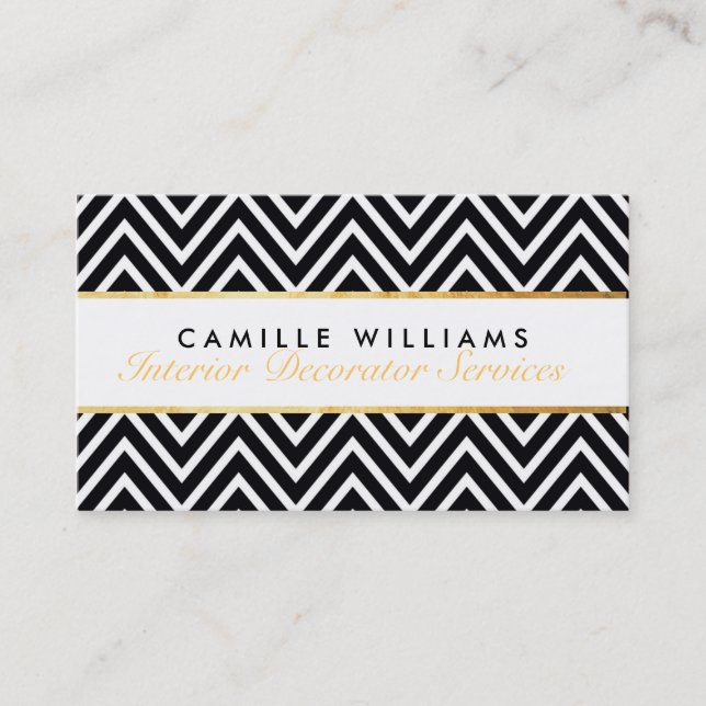 ELEGANT stylish gold strip chevron pattern black Business Card (Front)