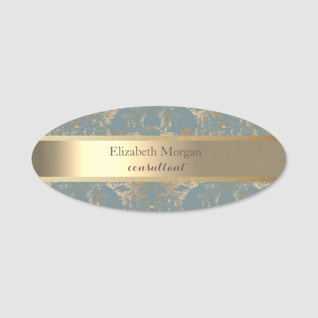 Elegant  Stylish Gold Stripe Vintage Damask Name Tag (Front)