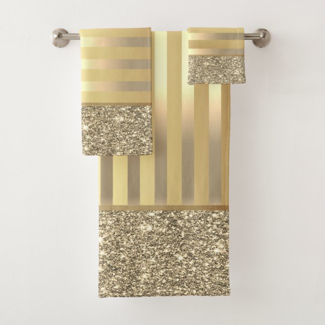 Elegant Stylish  Gold Stripes Glitter Shiny Bath Towel Set (Insitu)