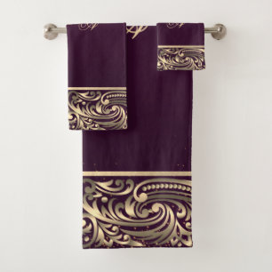 Elegant Stylish Gold Swirls Monogram Burgundy Bath Towel Set