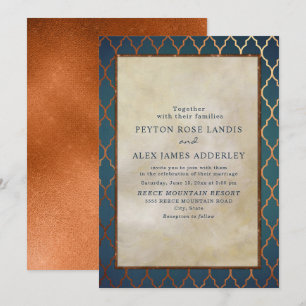 Elegant Stylish Gold Teal Copper Wedding Invite